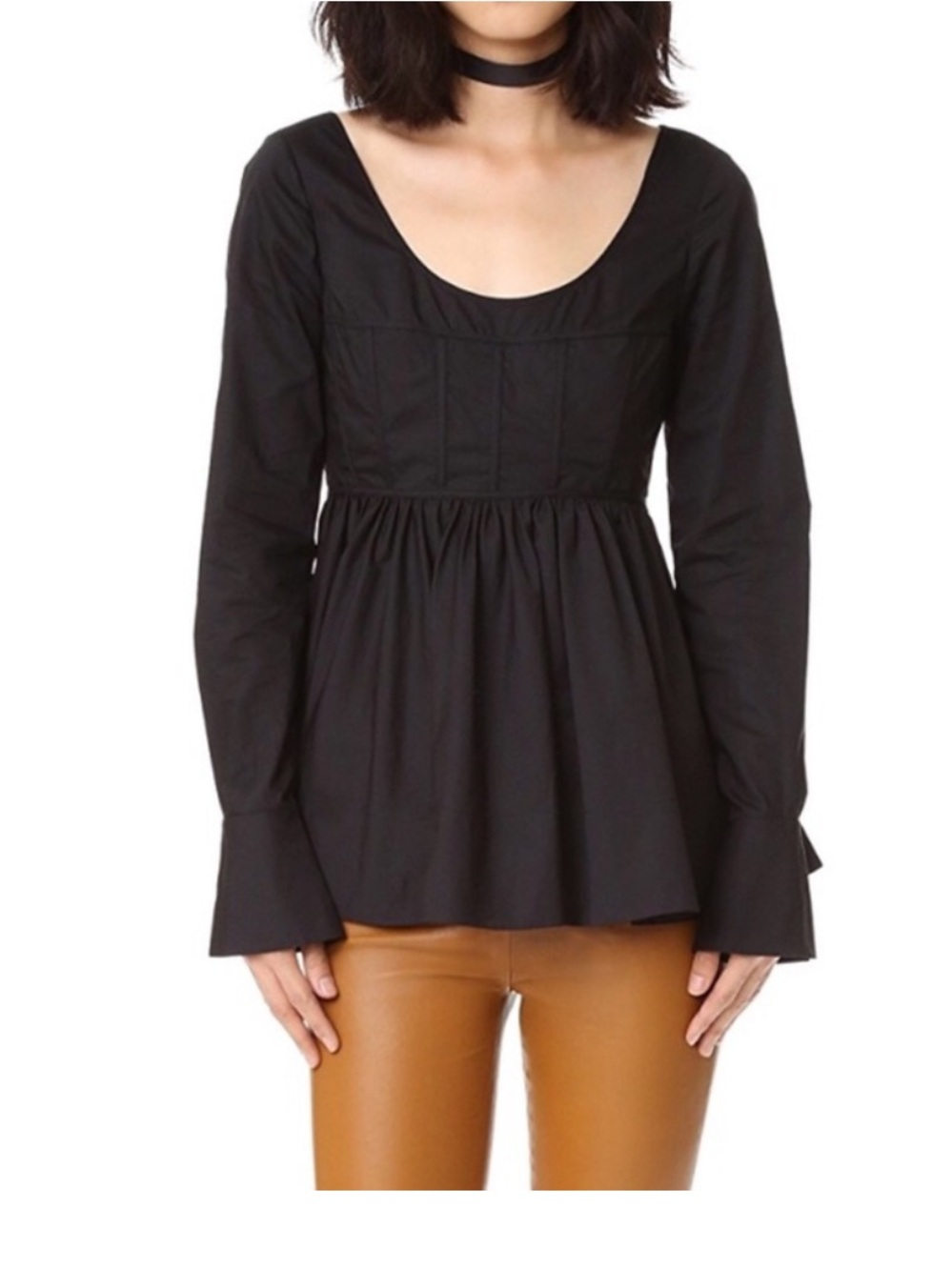 Cinq a Sept Black Cotton Boned Bodice Long Sleeve Arabella Peplum Blouse